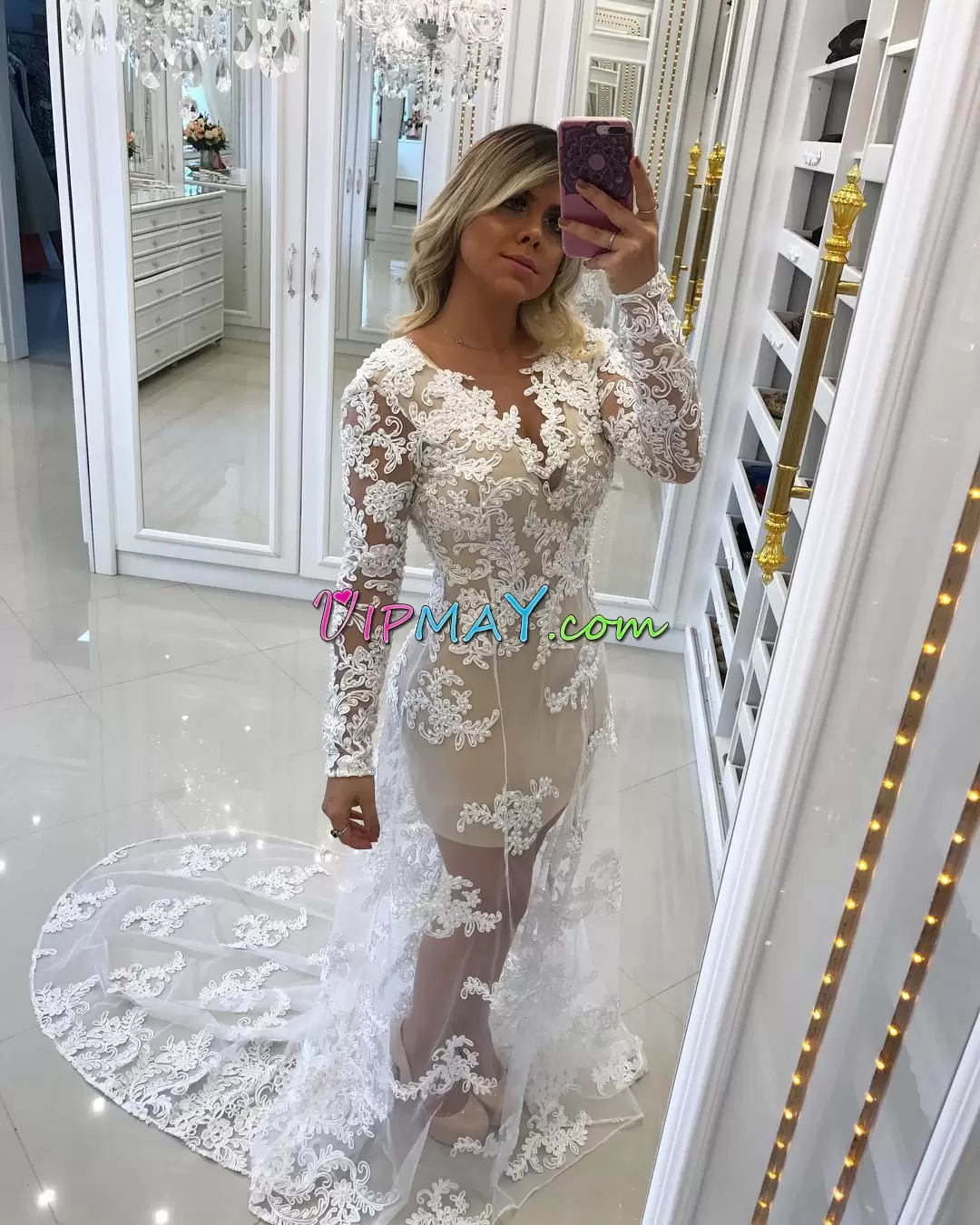 White A-line Lace and Appliques Prom Homecoming Dress Lace Up Long Sleeves