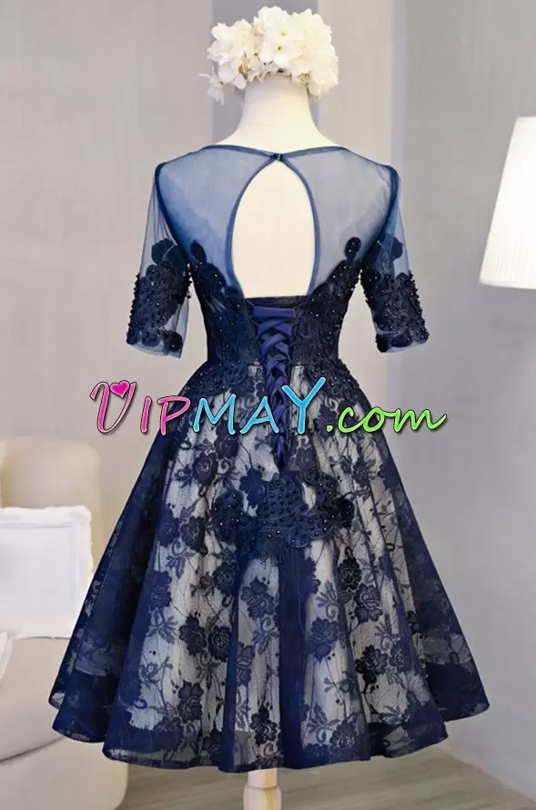 Scoop Short Sleeves Prom Evening Gown Mini Length Lace Navy Blue Tulle