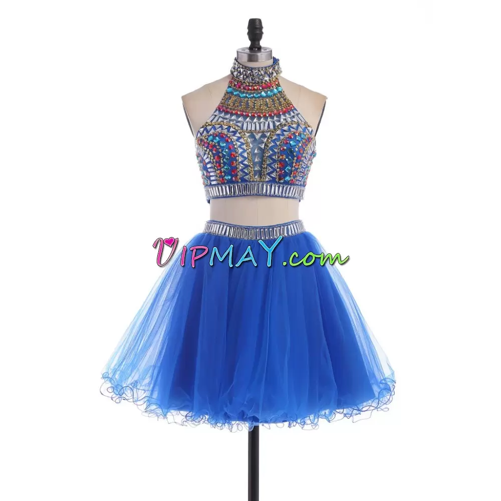 Blue Backless Halter Top Beading Prom Party Dress Tulle Sleeveless