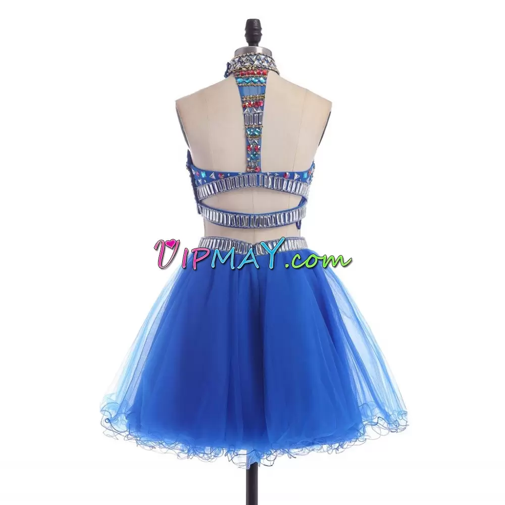 Blue Backless Halter Top Beading Prom Party Dress Tulle Sleeveless