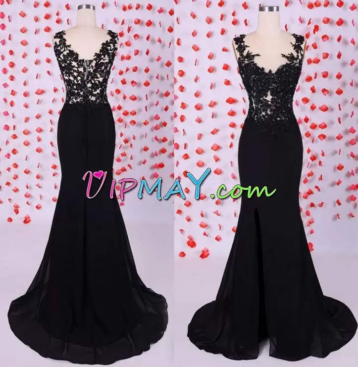 Low Price Lace and Appliques Prom Party Dress Black Zipper Sleeveless Sweep Train