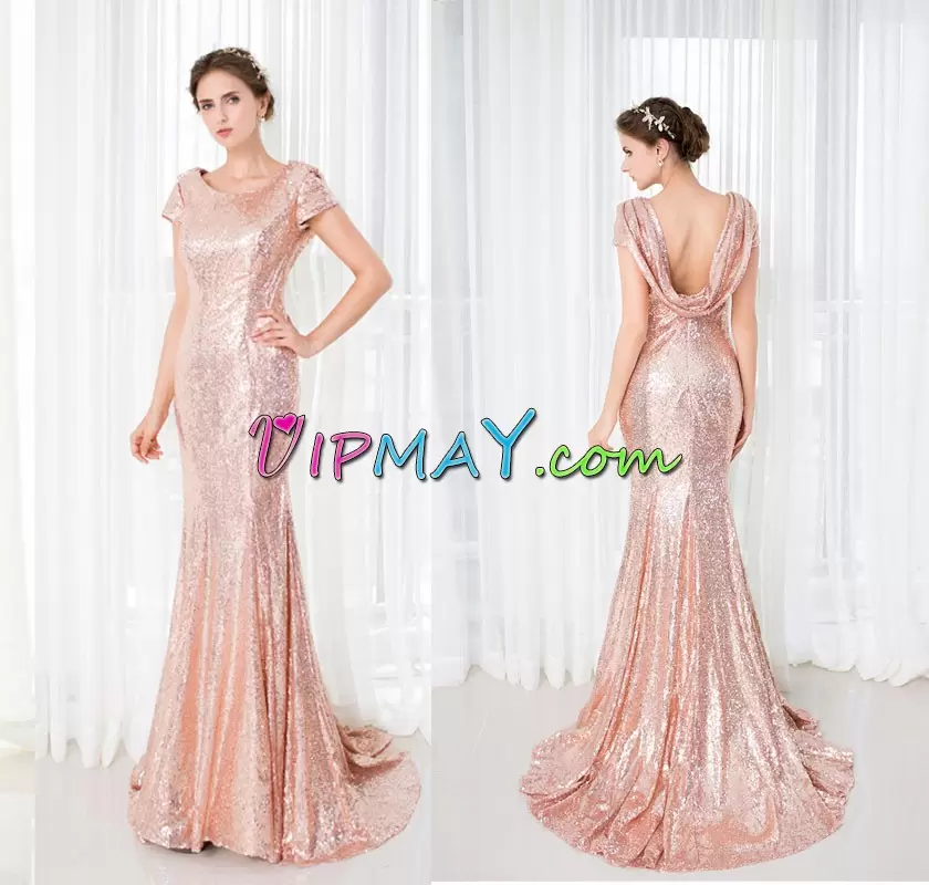 Edgy Sequined Short Sleeves Prom Gown Sweep Train and Sequins