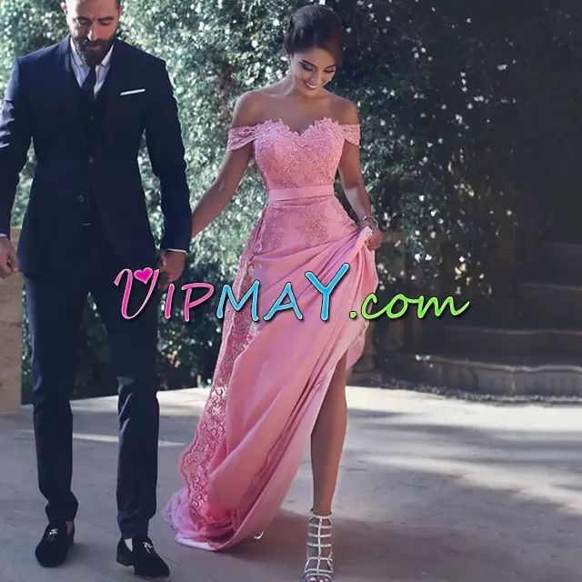 Pink Sleeveless Sweep Train Lace Up Homecoming Party Dress for Prom and Party