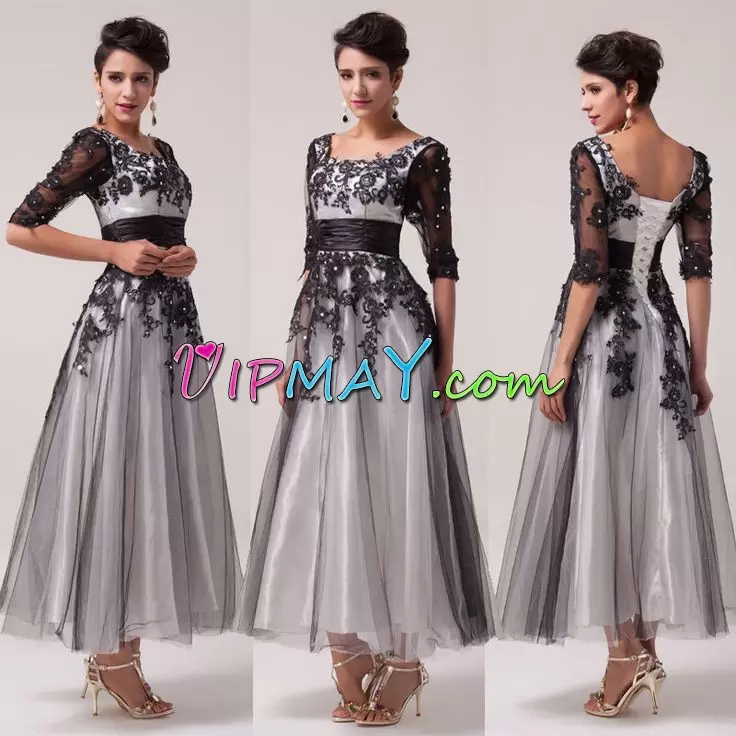 Ankle Length Grey Homecoming Dresses Tulle Half Sleeves Lace and Appliques