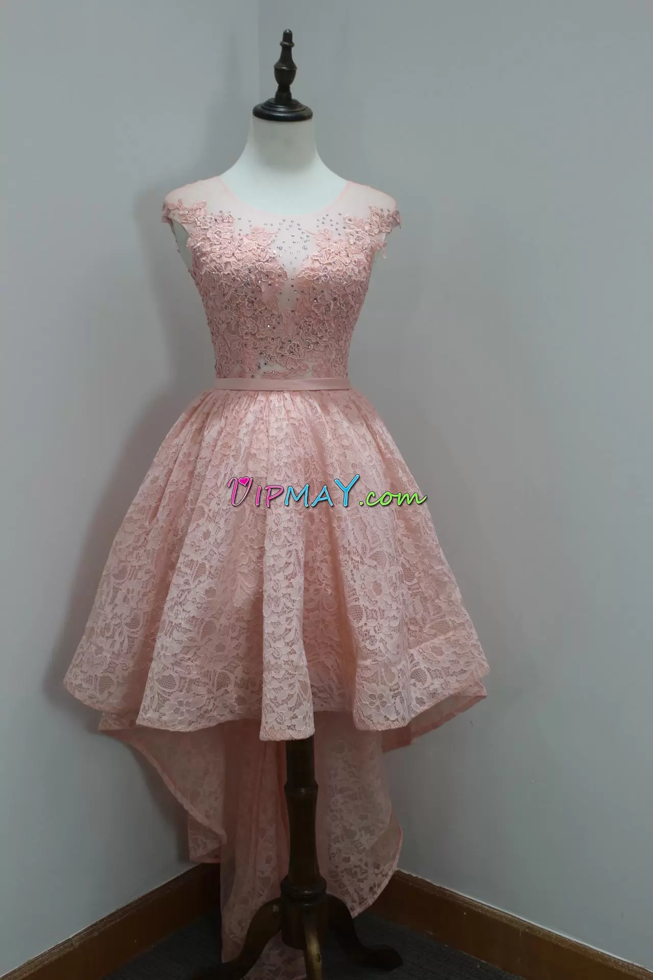 Fantastic Lace Sleeveless High Low Dress for Prom and Beading