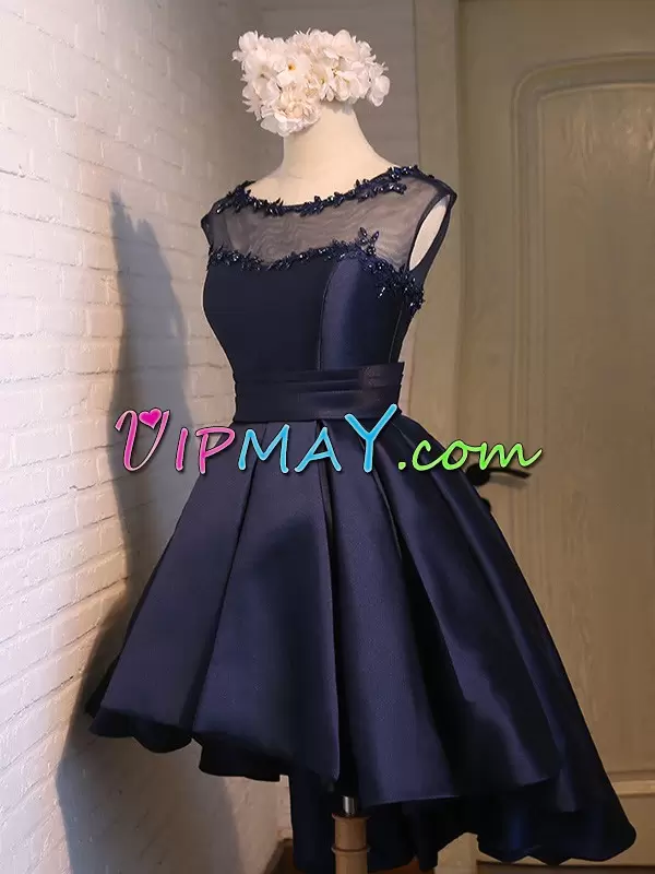 Custom Design Navy Blue Scoop High Low Illusion Neckline Prom Gown Satin