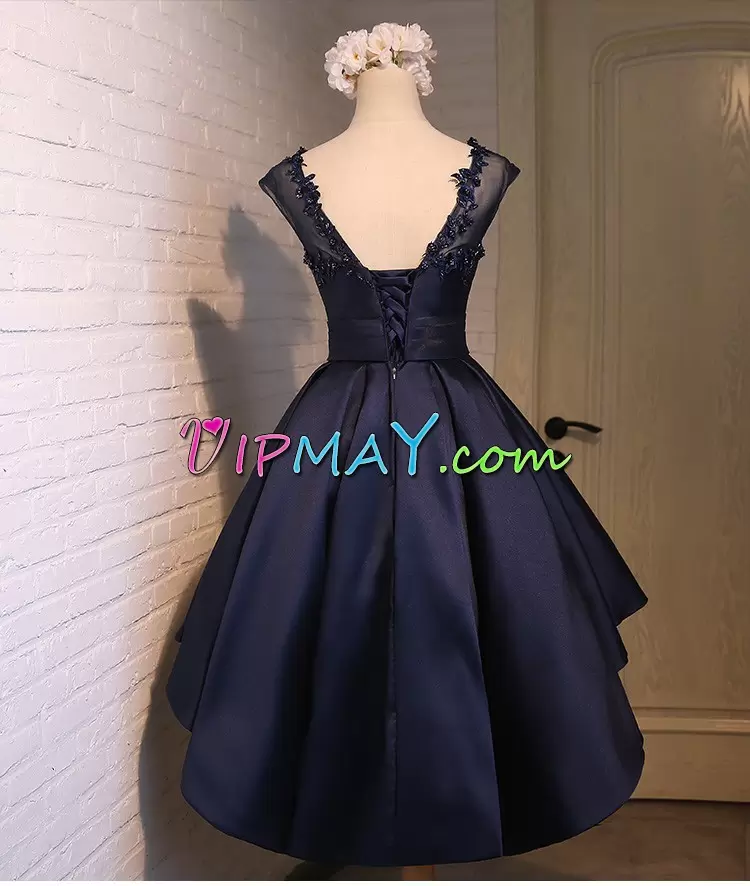 Custom Design Navy Blue Scoop High Low Illusion Neckline Prom Gown Satin