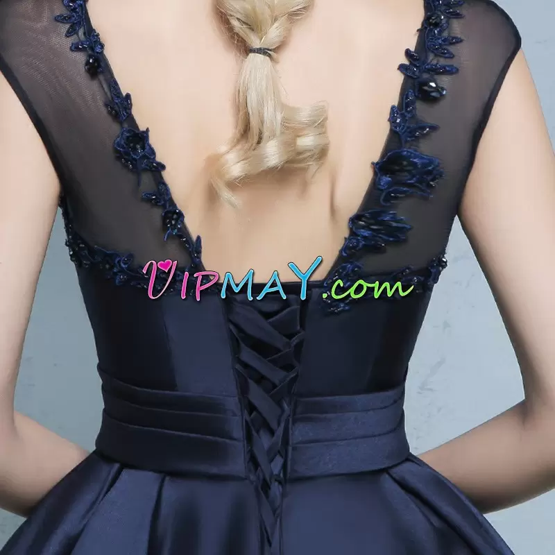 Custom Design Navy Blue Scoop High Low Illusion Neckline Prom Gown Satin