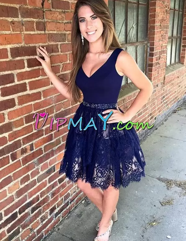 Navy Blue V-neck Beading Prom Dresses Sleeveless Homecoming Dress