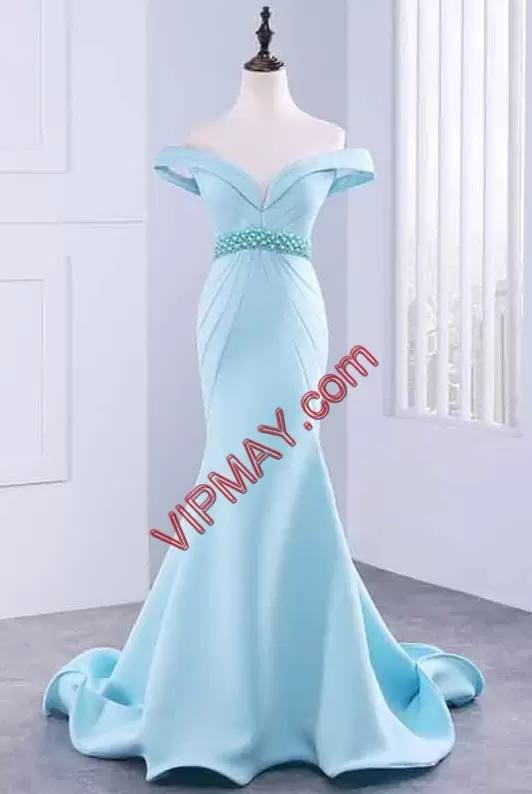 Nice Baby Blue Satin Zipper Dress for Prom Sleeveless Sweep Train Beading