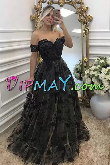 Custom Fit Black A-line Lace and Appliques Homecoming Gowns Tulle Sleeveless Floor Length