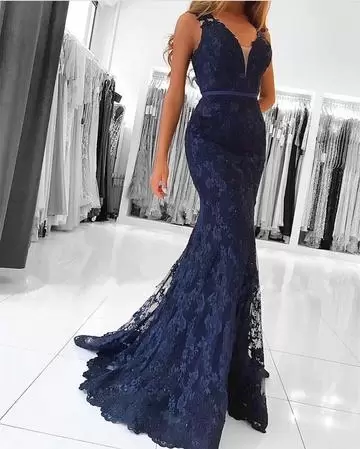 Pretty Floor Length Navy Blue Formal Evening Gowns Lace Sleeveless Lace and Belt