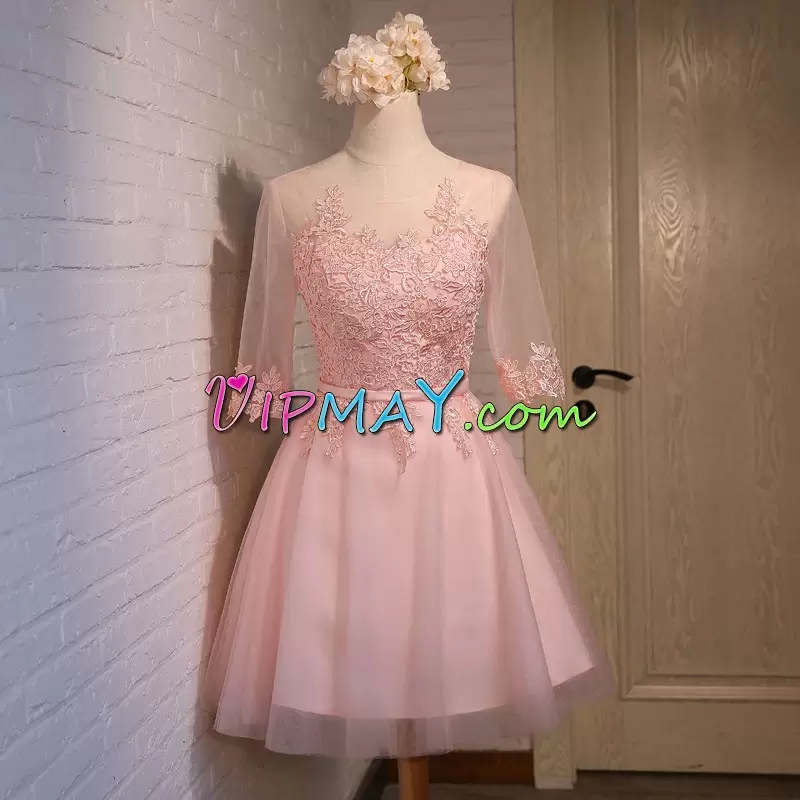 Mini Length Pink Dress for Prom Scoop Half Sleeves Lace Up