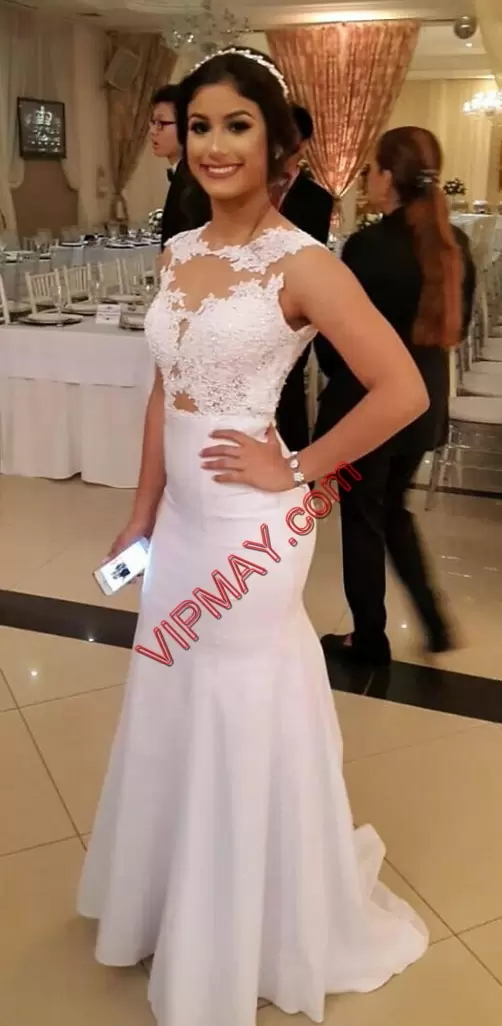 Unique Sleeveless Floor Length Beading and Lace Lace Up Prom Dress with White Sweep Train