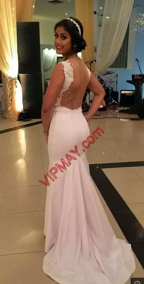 Unique Sleeveless Floor Length Beading and Lace Lace Up Prom Dress with White Sweep Train