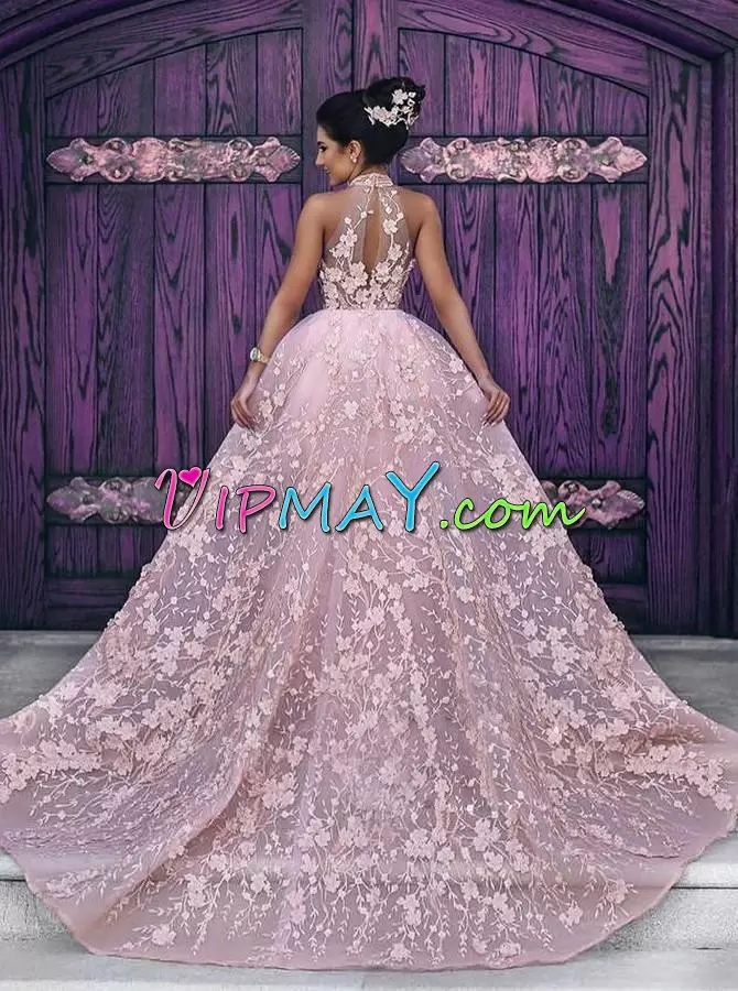 Sleeveless Prom Evening Gown Sweep Train and Appliques