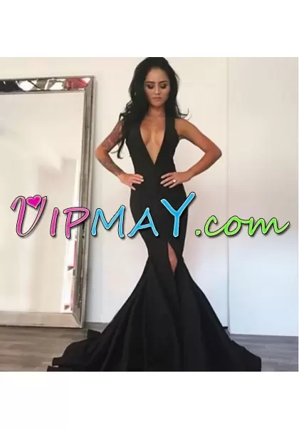 Fabulous Sleeveless Chiffon Floor Length Court Train Lace Up Homecoming Party Dress in Black with Ruching