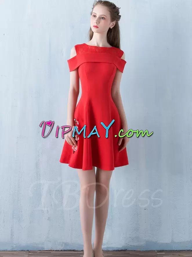 Custom Design Red A-line Lace Dress for Prom Zipper Satin Sleeveless Mini Length