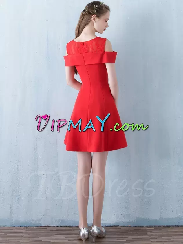 Custom Design Red A-line Lace Dress for Prom Zipper Satin Sleeveless Mini Length