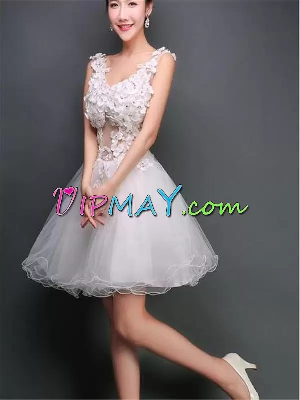 White A-line V-neck Sleeveless Tulle Mini Length Lace Up Appliques