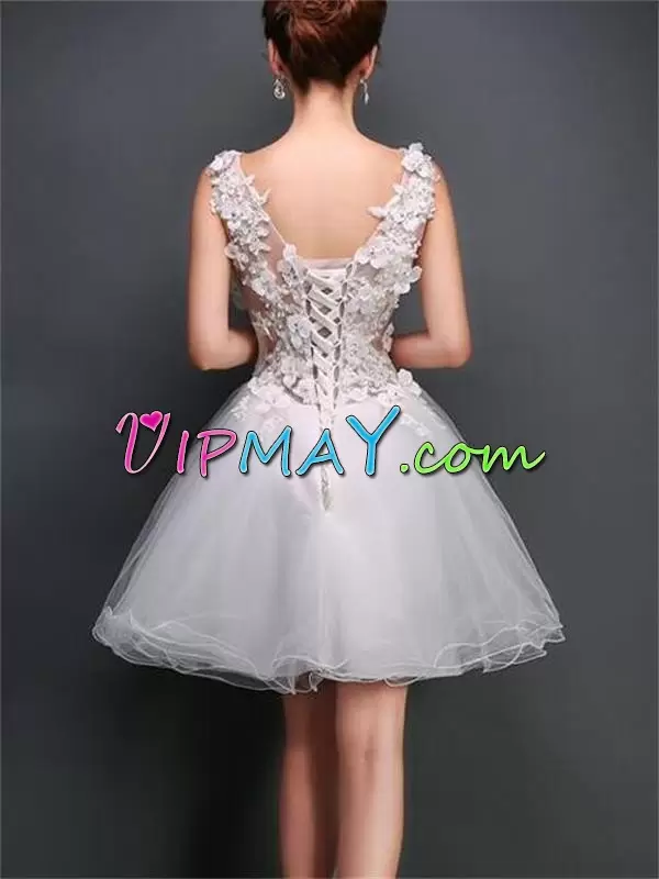 White A-line V-neck Sleeveless Tulle Mini Length Lace Up Appliques