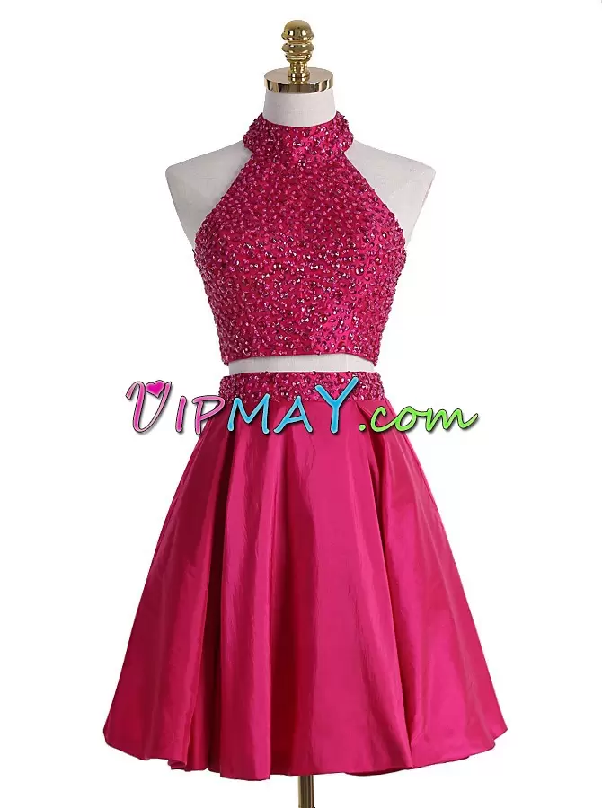 Beading Dress for Prom Hot Pink Backless Sleeveless Mini Length