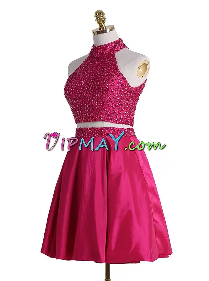 Beading Dress for Prom Hot Pink Backless Sleeveless Mini Length