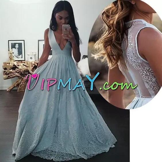 Customized Blue Sleeveless Floor Length Beading and Lace Lace Up Homecoming Gowns V-neck