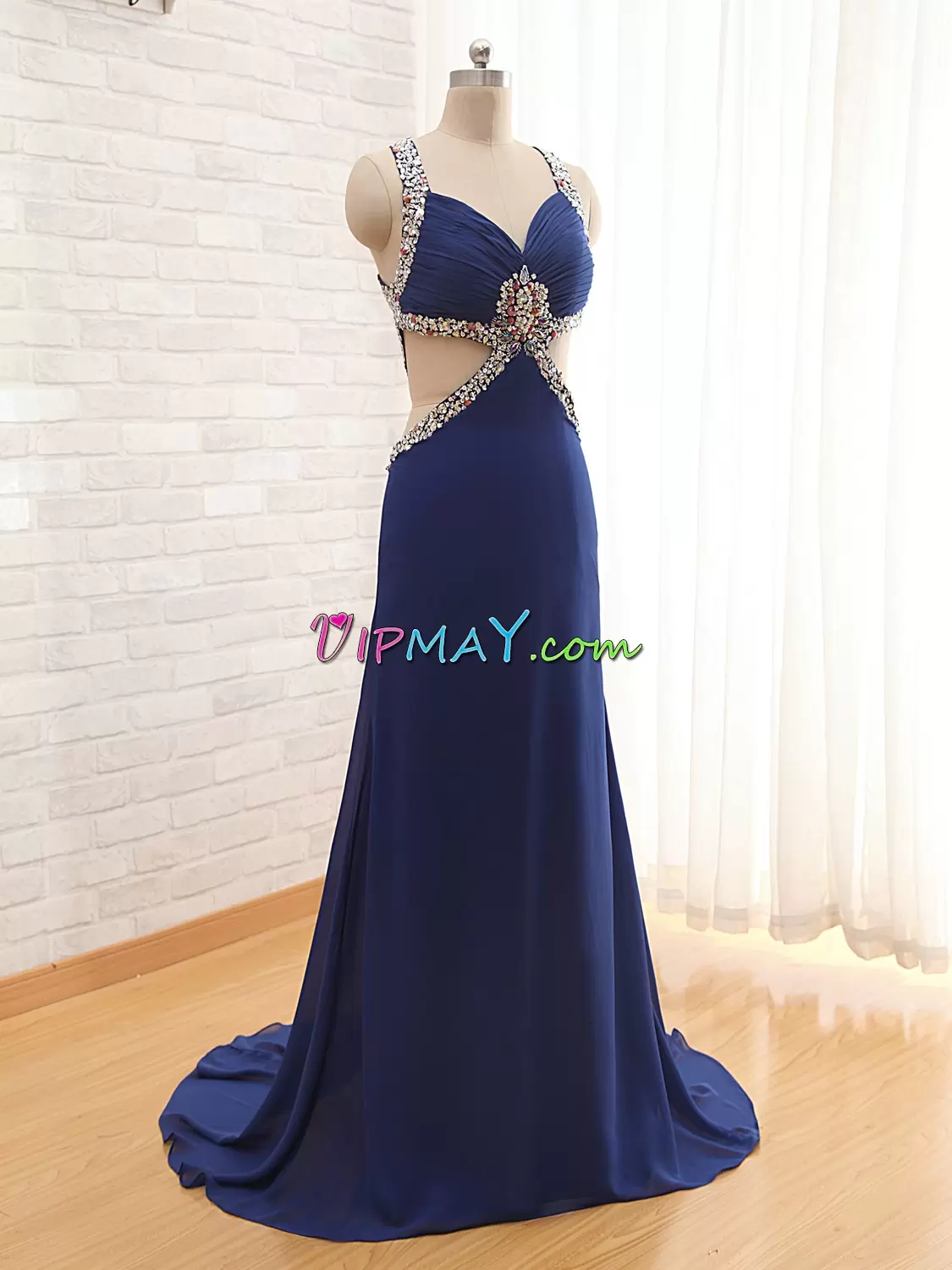 With Train Royal Blue Evening Party Dresses Sweetheart Sleeveless Sweep Train Criss Cross