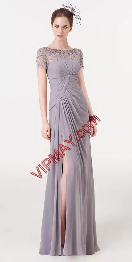 Low Price Short Sleeves Floor Length Lace Zipper Formal Dresses with Grey