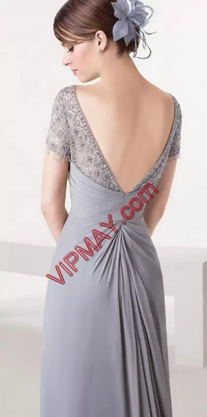 Low Price Short Sleeves Floor Length Lace Zipper Formal Dresses with Grey