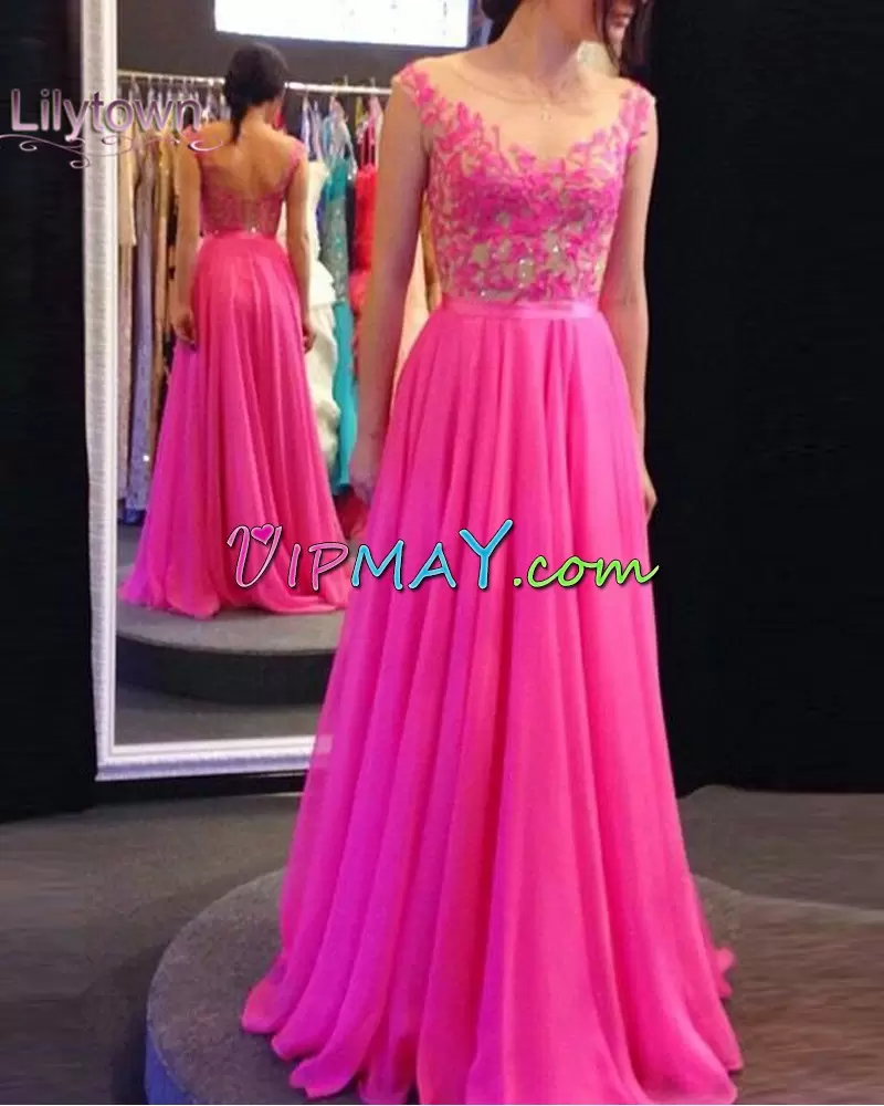 Hot Pink Sleeveless Chiffon Lace Up Prom Dress for Prom and Party