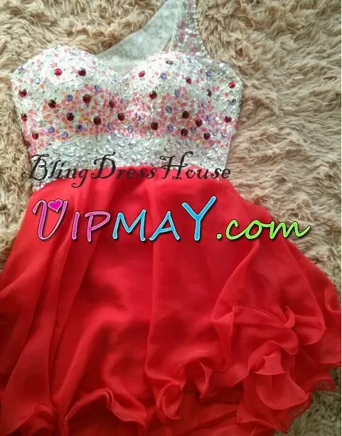 White and Red One Shoulder Lace Up Beading and Lace Prom Dress Sleeveless