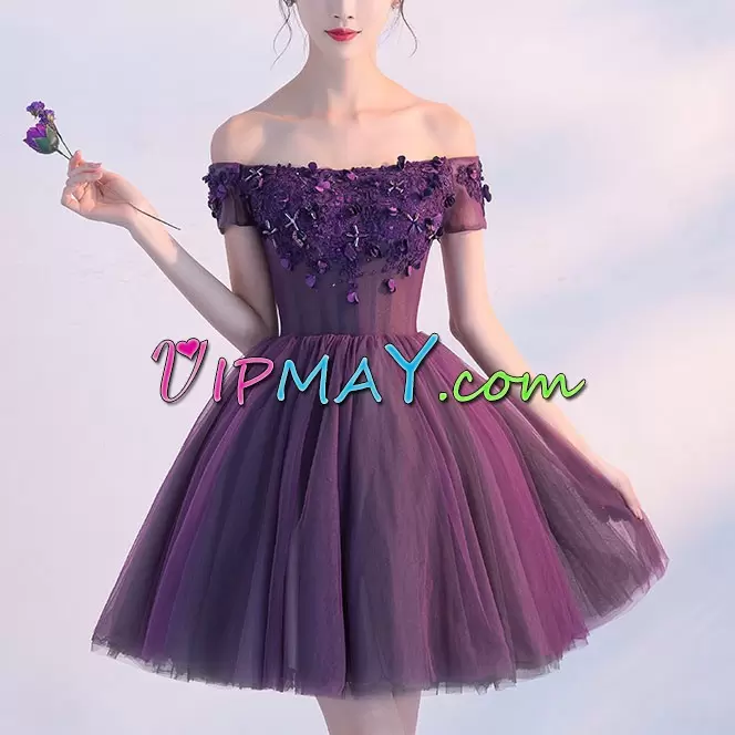 Mini Length Purple Evening Dress Strapless Sleeveless Lace Up