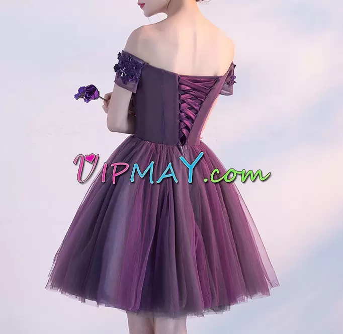 Mini Length Purple Evening Dress Strapless Sleeveless Lace Up