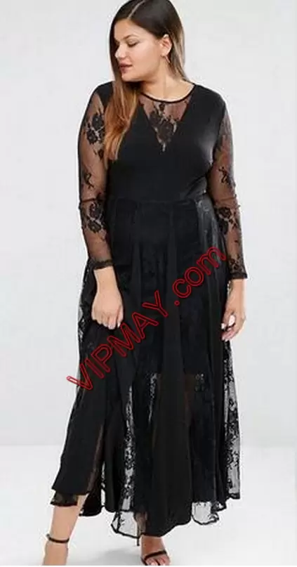 Gorgeous Long Sleeves Ankle Length Zipper Dress for Prom in Black with Lace