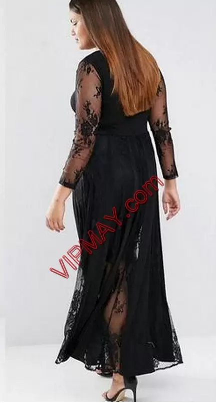 Gorgeous Long Sleeves Ankle Length Zipper Dress for Prom in Black with Lace