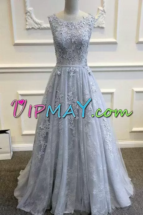Pretty Zipper Evening Dresses Grey for Prom and Party with Lace and Appliques Sweep Train