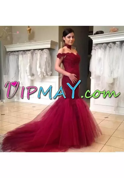 Cheap Burgundy Prom and Party and Military Ball with Appliques Off The Shoulder Sleeveless Sweep Train Zipper