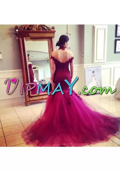 Cheap Burgundy Prom and Party and Military Ball with Appliques Off The Shoulder Sleeveless Sweep Train Zipper