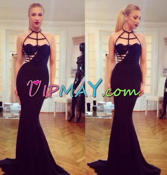 Cheap Sleeveless Satin Floor Length Sweep Train Backless Prom Party Dress in Black with Beading and Lace