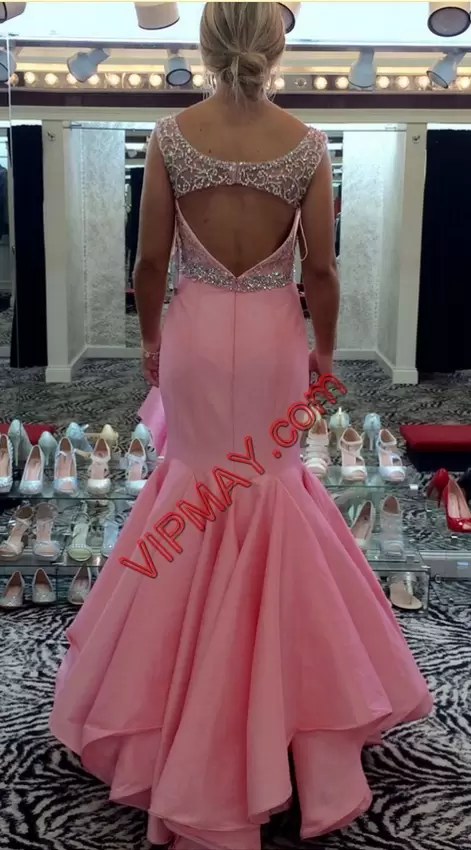 Most Popular Pink Mermaid Beading Clasp Handle Satin Sleeveless Floor Length