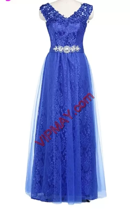 Classical Floor Length Royal Blue Evening Gowns V-neck Sleeveless Lace Up