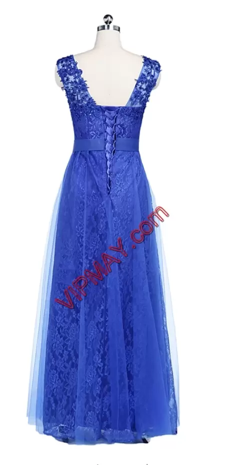 Classical Floor Length Royal Blue Evening Gowns V-neck Sleeveless Lace Up