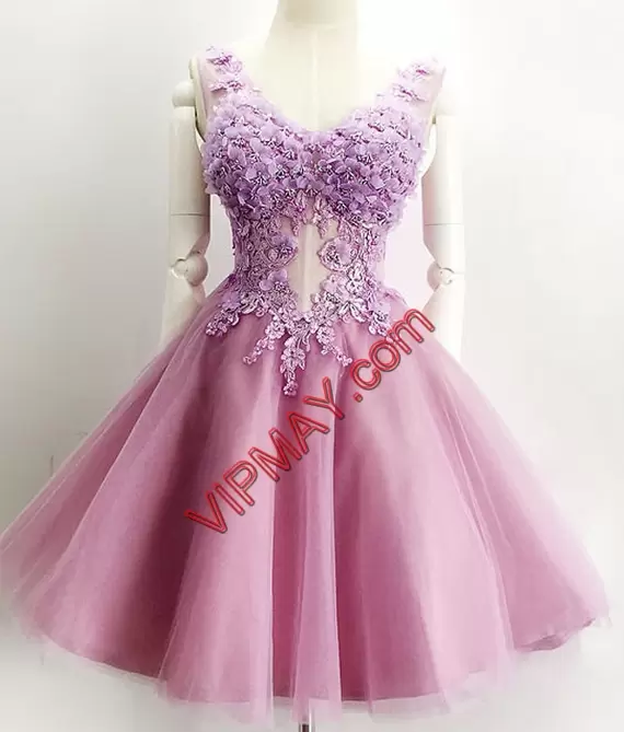 Sleeveless Tulle Knee Length Zipper Prom Gown in Pink with Beading and Appliques