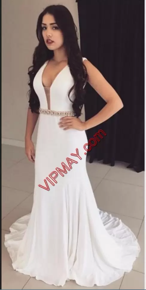 White V-neck Backless Beading Court Train Sleeveless