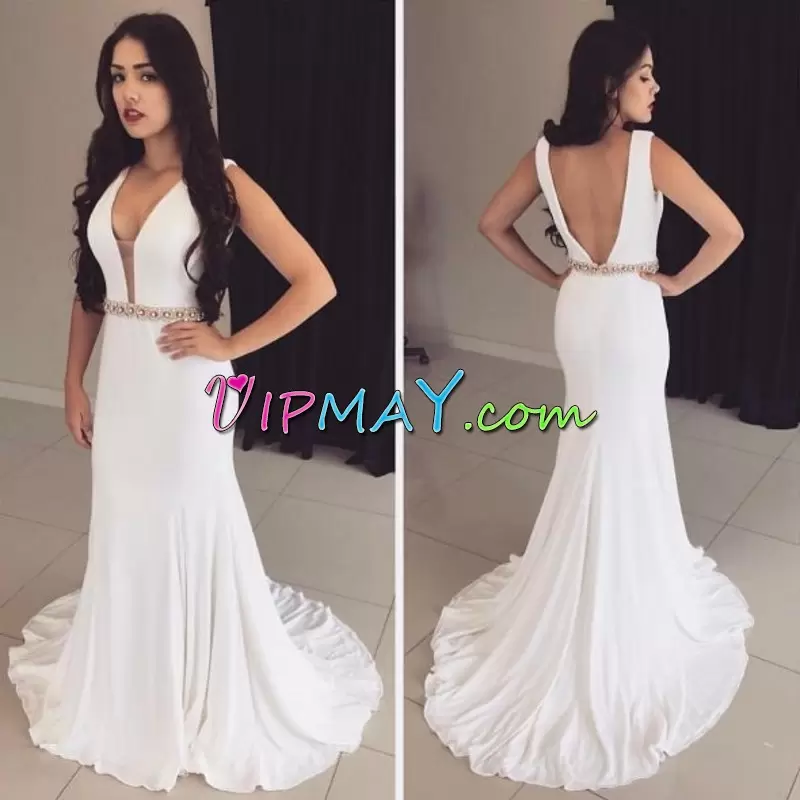 White V-neck Backless Beading Court Train Sleeveless