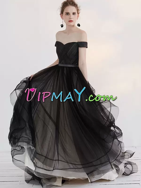 Black Lace Up Off The Shoulder Ruching Prom Gown Tulle Sleeveless Sweep Train