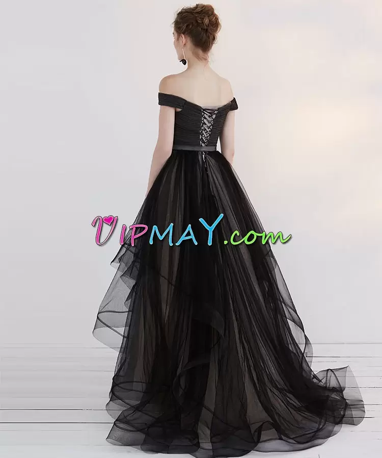 Black Lace Up Off The Shoulder Ruching Prom Gown Tulle Sleeveless Sweep Train