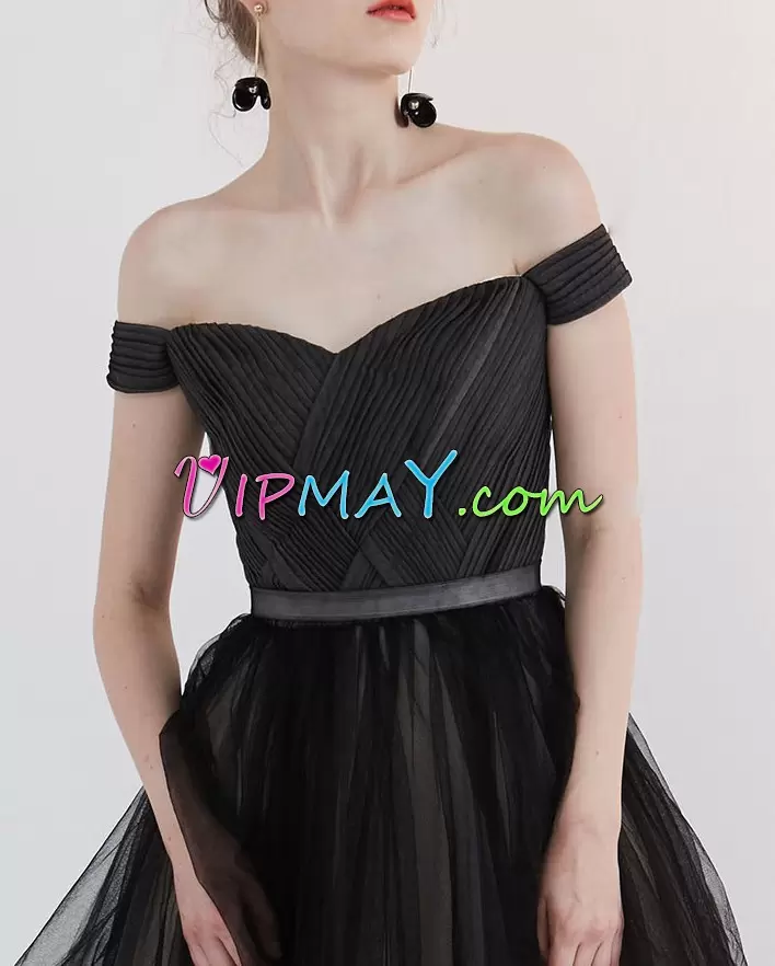 Black Lace Up Off The Shoulder Ruching Prom Gown Tulle Sleeveless Sweep Train